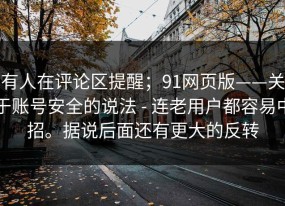 有人在评论区提醒；91网页版——关于账号安全的说法 - 连老用户都容易中招。据说后面还有更大的反转